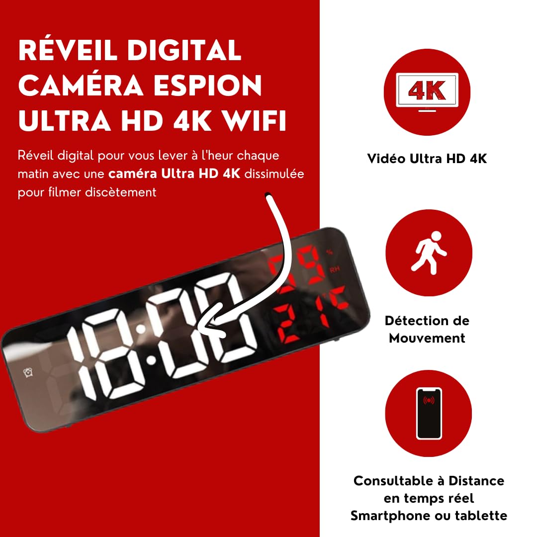 Reloj despertador digital digital con cámara espía Ultra HD 4K WiFi