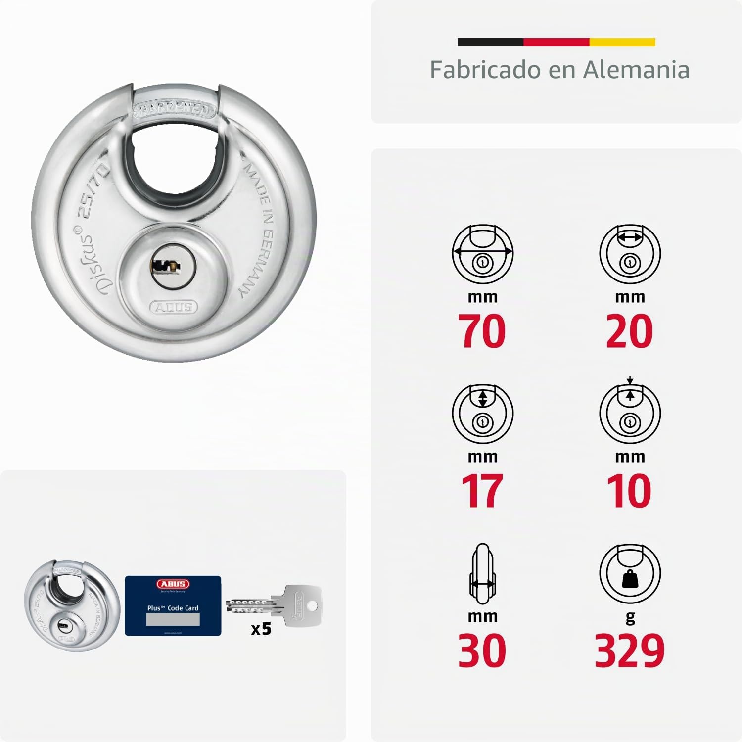ABUS Candado Diskus® 25/70 - resistente a la intemperie - incl. 5 llaves - con sistema de llave reversible de precisión - nivel de seguridad ABUS 8 - plateado