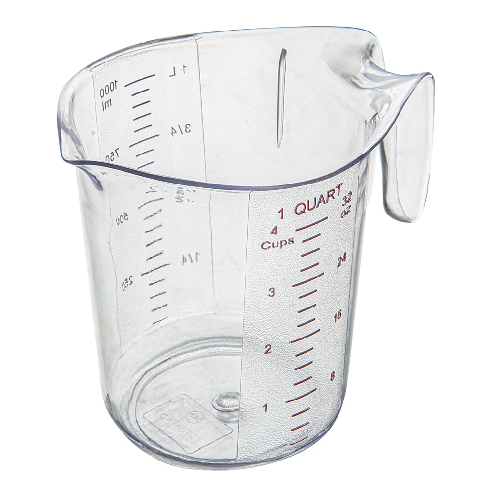 Restaurantware RW Base - Tarro medidor de 1 cuarto de galón, 1 vaso de medición duradero, unidades métricas e imperiales, boquilla en forma de V, mango de taza medidora de plástico transparente con