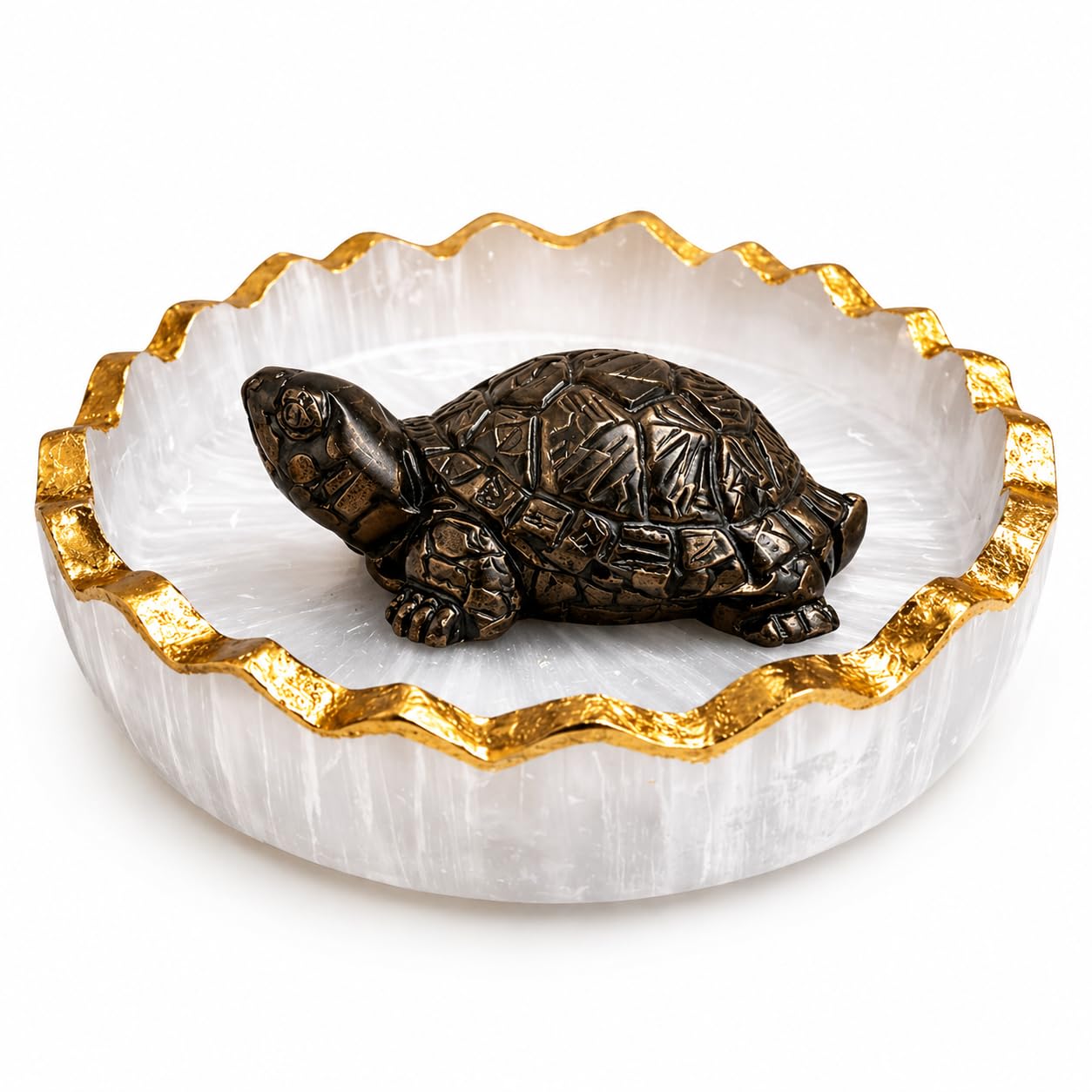 Original Certified Pyrite Tortoise (3x1 Inch) with Selenite Charging Plate, Vastu & Feng Shui Crystal Turtle for Good Luck, Wealth & Prosperity, Home Decor for Living Room & Office