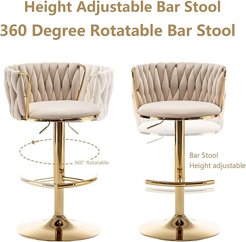 Miniatura 6 de Juego de 2 taburetes de bar de terciopelo, sillas de bar de altura de mostrador con respaldo bajo, taburetes de bar giratorios dorados para isla de