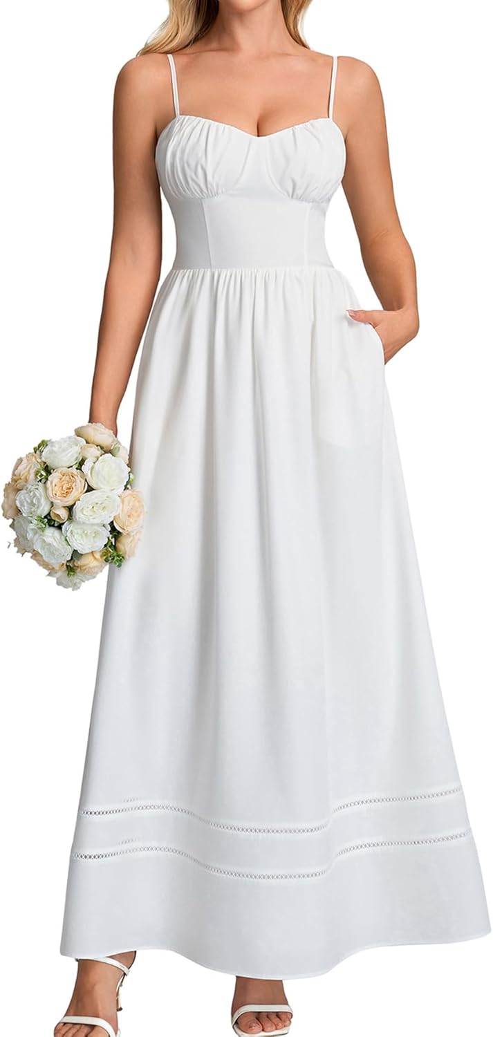 Auraxe Summer Corset Wedding Guest Maxi Dresses for Women 2026 Flowy A Line Smocked Tea Party Long Sundress with Pockets