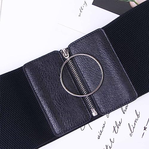 Vctitil Women Zipper Elastic Belt Waist Tightening Elastic Fashion Wide Waistband Tight Fitting Corset Dress Metal Circular PU Leather Belt3