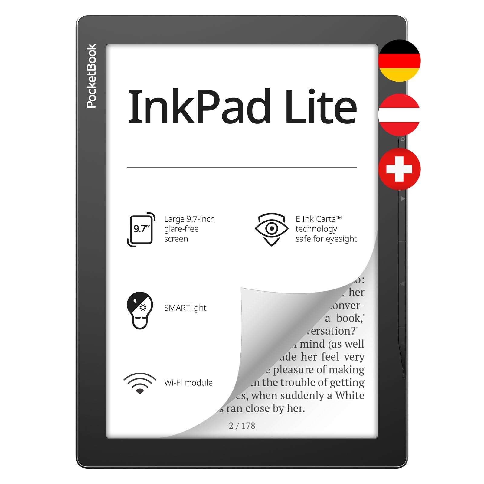 PocketBook InkPad Lite | E-Book Reader with Large E-Ink Screen 9.7ʺ | Glare-Free & Eye-Friendly E-Reader | Wi-Fi | Adjustable SMARTlight | Micro-SD Slot | E-Readers for Kids, Adults & Seniors