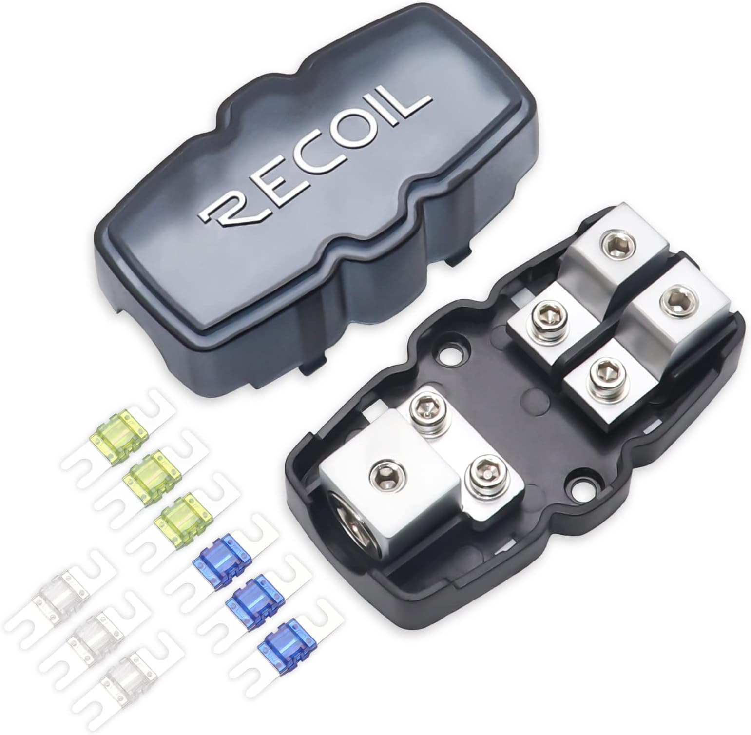 RECOIL MFH12 2 Way Mini-ANL Fused Distribution Block, 1 X 0/2/4 Gauge in / 2 X 4/8 Gauge Out Fused Distribution Block with 60A, 80A, 100A Fuses, Solid Brass for Maximum Power Transfer