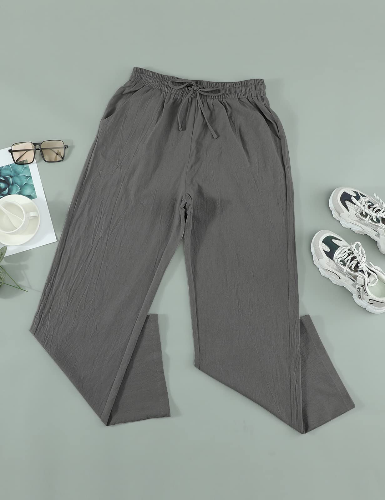 Yuson Girl Pantaloni Donna Tinta Unita Casual Pantaloni Elastico Pantaloni Leggeri Estivi Traight con Coulisse Pants Pantaloni in Cotone e Lino con Tasche