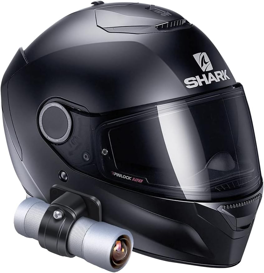 VSYSTO U5X camera mounted on the side of a black motorcycle helmet