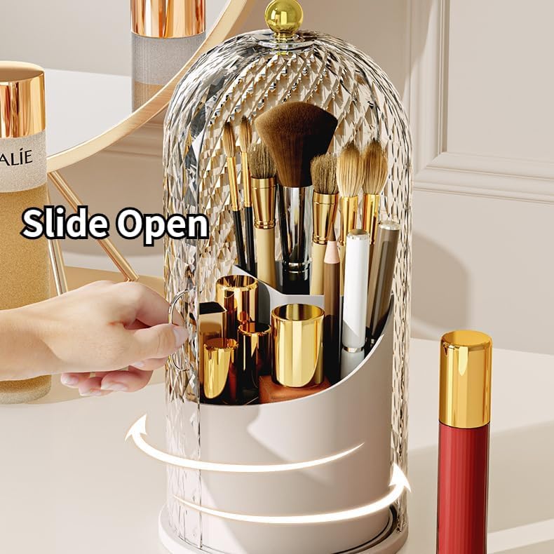 Makeup Brush Holder Organizer with 360° Rotating Lid Dustproof Makeup Brushes Organizer for Vanity Desktop Bathroom Countertop Clear Cover Easy Visibility (White) - Image 8