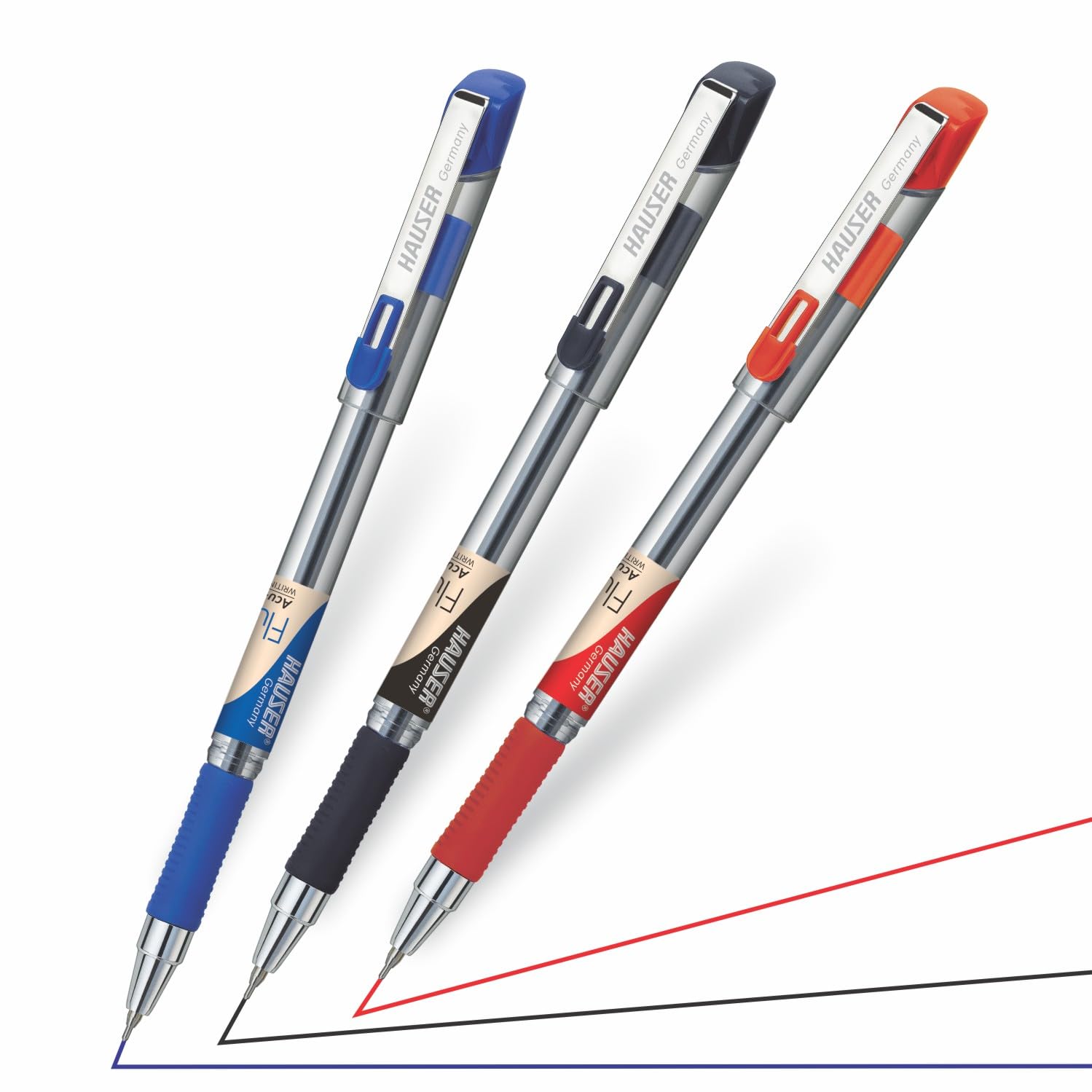 Hauser Fluidic 0,55 mm Kugelschreiber-Set, Gummigriff mit Acu Flow-Schreibsystem, trendiger Metallclip, transparenter Körper, nachfüllbarer Kugelschreiber, blaue, schwarze und rote Tinte, 50 Stück