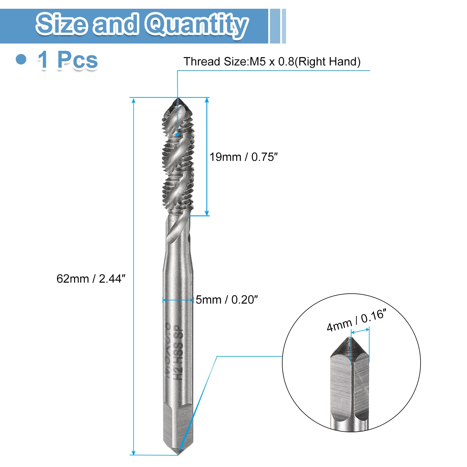 QUARKZMAN Maschio A Spirale M5 x 0.8 H2 Metrica Per Filettatura A Macchina, Utensile Di Riparazione Non Rivestito Per Filettatura, Acciaio Rapido M2 (HSS)