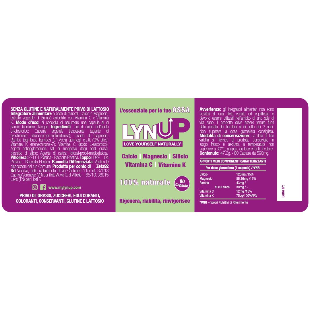 Lynup Multivitaminico| 80 Capsule| 80 Giorni di Trattamento| Naturale| 5 Ingredienti Essenziali: Calcio, Silicio, Magnesio, Vitamina C e Vitamina K2 | Benessere Osseo e articolare