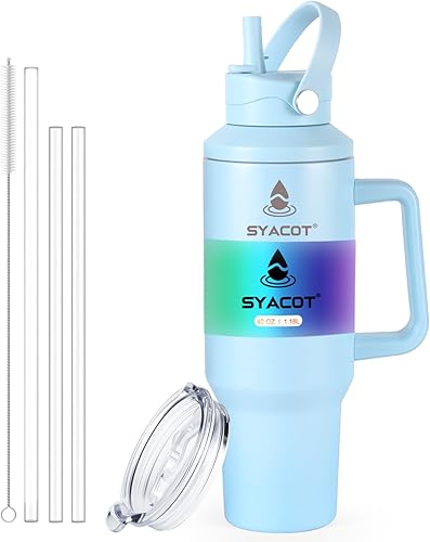 Miniatura 1 de Vaso de 40 onzas con asa y popote o se convierte en botella de agua aislada de 40 onzas que cabe en el portavasos. Botella de agua de metal de acero