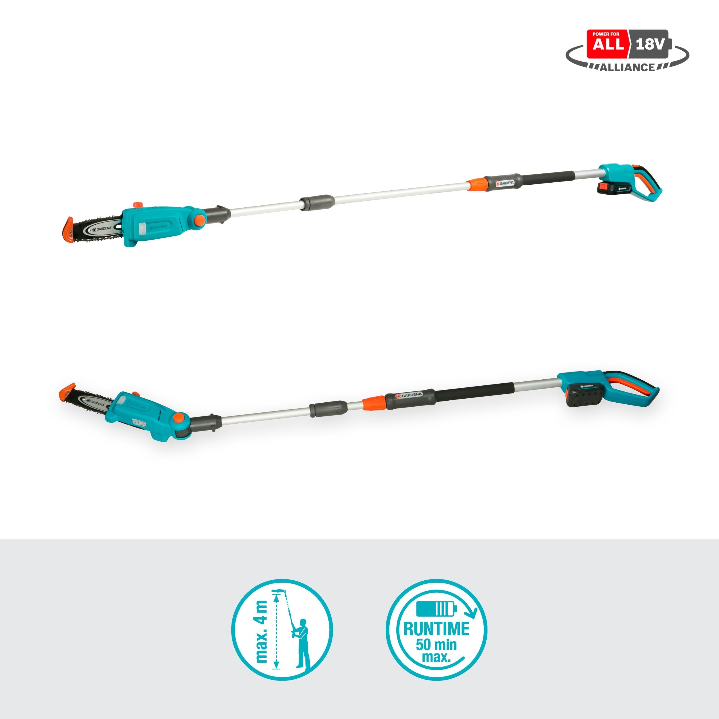 Gardena Akku-Teleskop-Hochentaster TCS 20/18V P4A Ready-To-Use Set: Teleskopgriff, Reichweite bis 4 m, Schneidunterstützung, Abwinkelbarer Schneidkopf, Kabellos (14770-20)