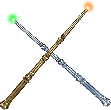 WinSence Light Up Magic Wizard Wand with Sounds & 4 Lightings Illuminating Witch Sorcerer Toys for Kids Cosplay Party Favors, 2 Pack, Golden & Silver