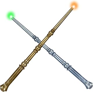 Light Up Magic Wizard Wand with Sounds & 4 Lightings Illuminating Witch Sorcerer Toys for Kids Cosplay Party Favors, 2 Pack, Golden & Silver