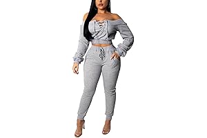 Alluring Lace-Up Off-Shoulder Two-Piece Sweatsuit