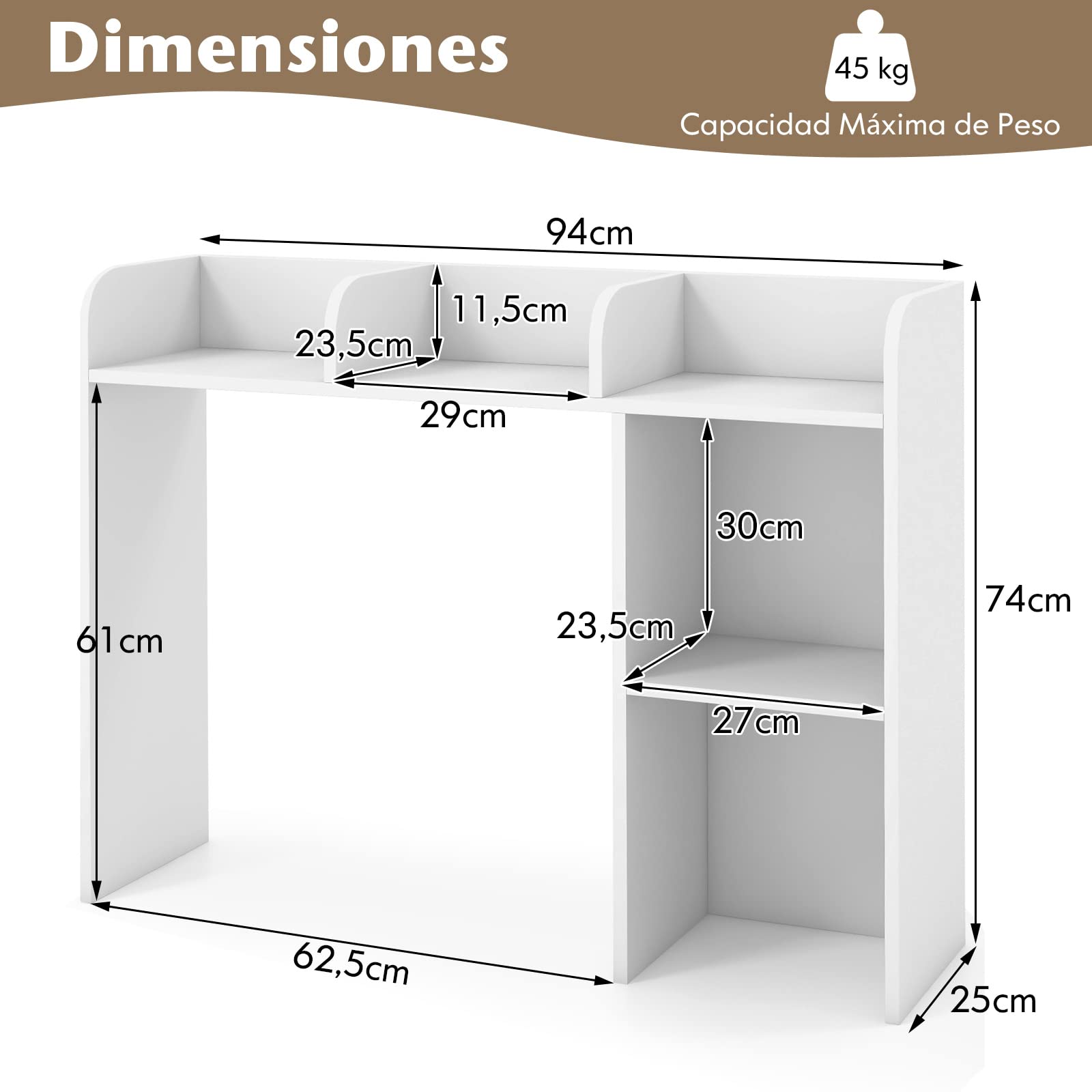 COSTWAY Estantería de Escritorio, 4 estantes y Compartimento Abierto Trasero, Organizador de Almacenamiento de Escritorio, Anti-vuelco, 94 x 25 x 74 cm (Blanco)