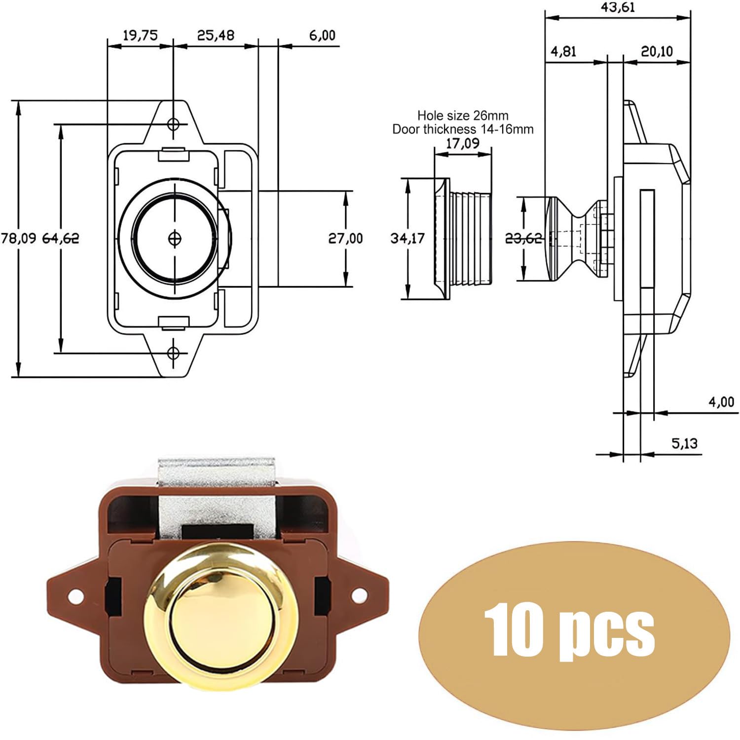 Tagtight 10 stuks Push Lock Button Deurvergrendeling meubelslot, knop Keyless kastslot voor s, jachten, boten, RV campingkast, caravan, dikte 15-27 mm