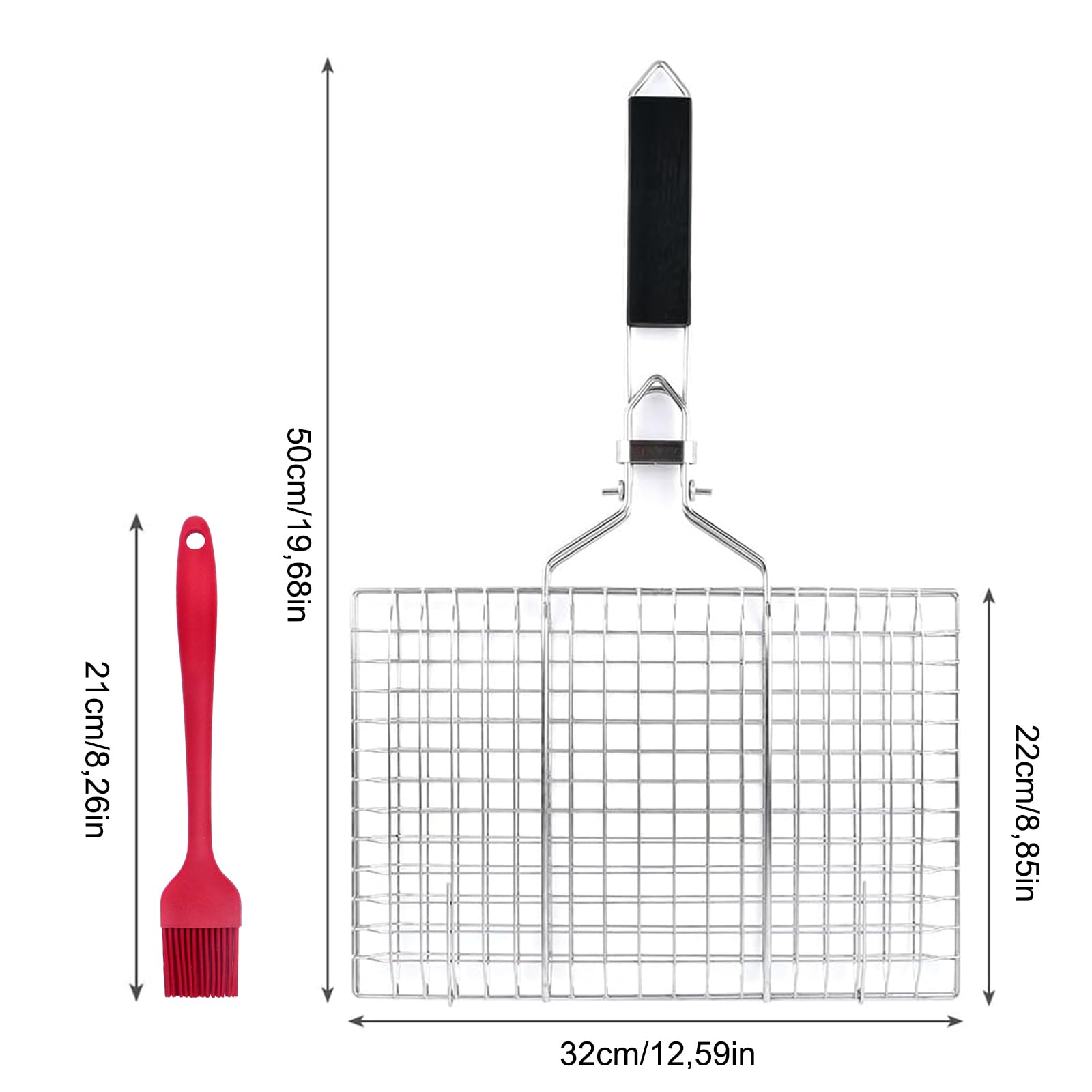 Edelstahl Grillkorb 32x22 Cm, Faltbar & Tragbar, Mit 2 Silikonbürsten, Abnehmbarem Griff, Für Fisch, Gemüse, Steak & Garnelen