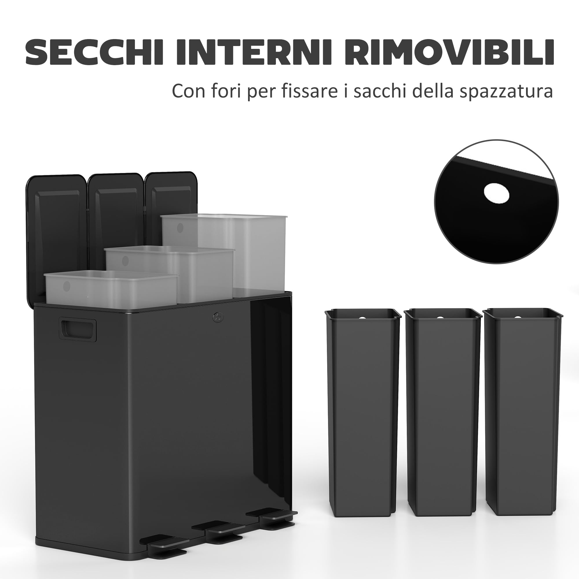 HOMCOM Pattumiera Differenziata 3 Scomparti 20L da Cucina a Pedale, Cestino Spazzatura con 3 Coperchi a Chiusura Silenziosa in Acciaio Inox e PP, 61.9x36.6x56.7 cm, Nero