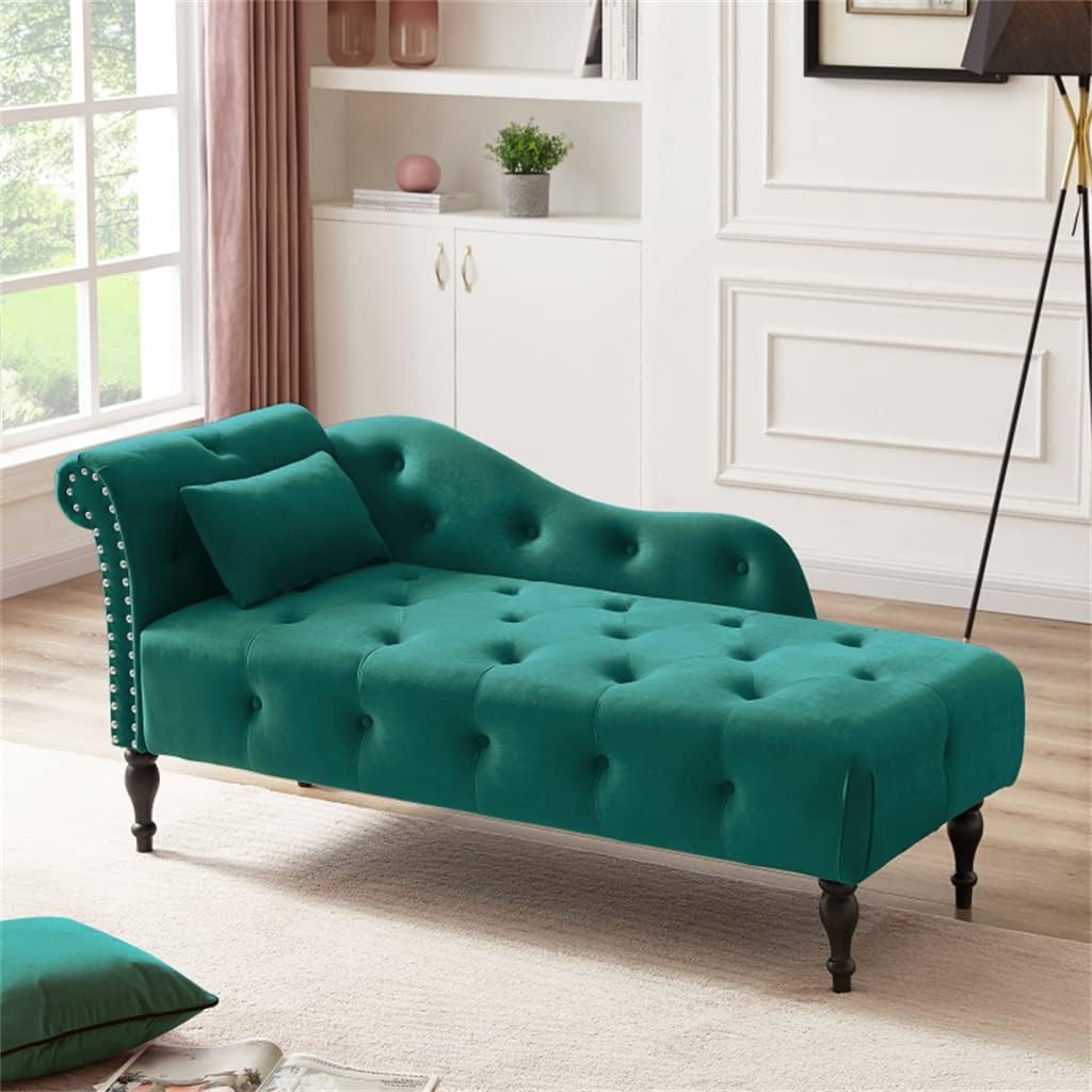 Velvet Chaise Lounge Button Tufted Nail Trim Solid Wood Legs W 1 Pillow 60.6" L X 27.50" W X 28.30" H