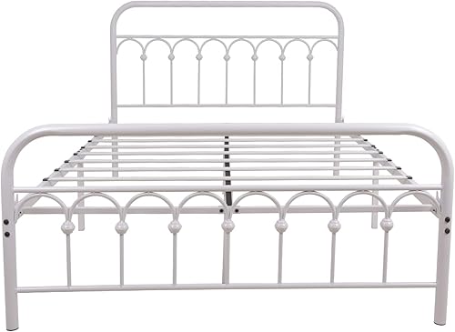 Miniatura 53 de 1730 1710 1707. Marco de cama de metal, tamaño queen, con cabecera vintage y base de plataforma con pie de cama, de hierro forjado. Negro -,Marrón