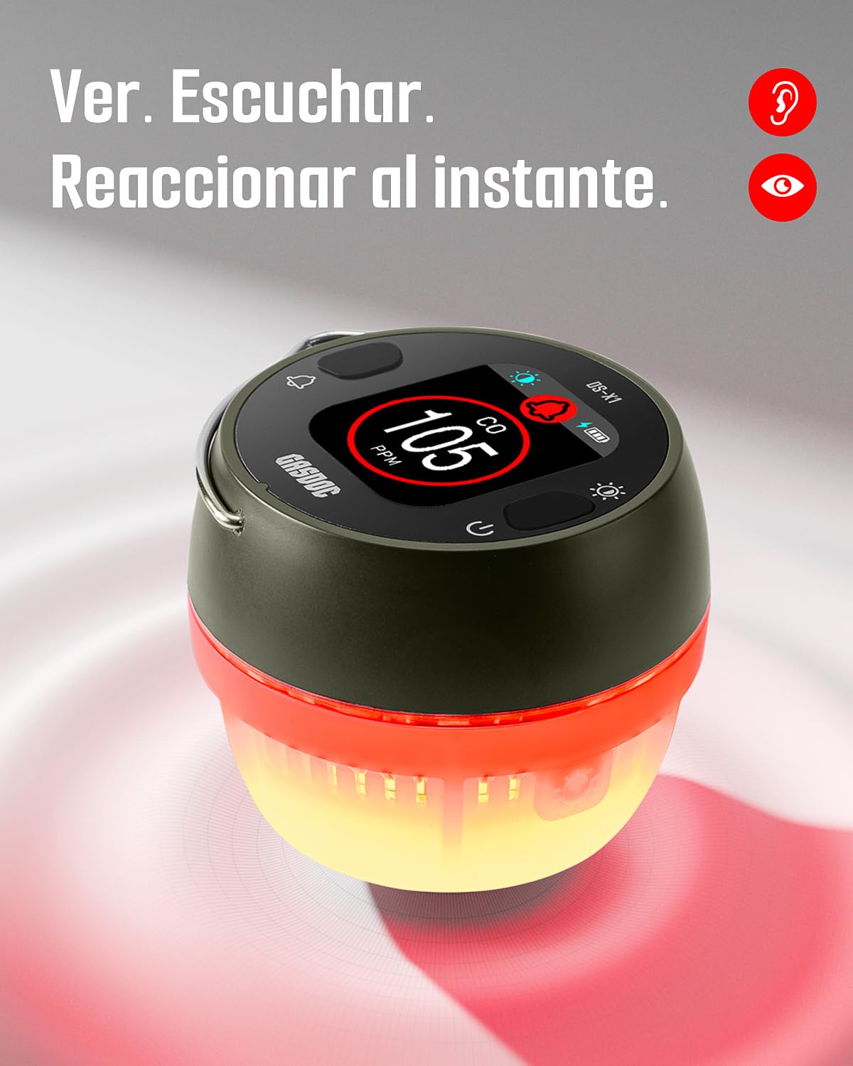 GasDoc DS-X1 Detector Portátil de Monóxido de Carbono con Luz Ambiental, Detector CO con Soporte Magnético y Gancho, Monitor CO de Viaje con Alarma Sonora y Visual para Camping, RV y Coche