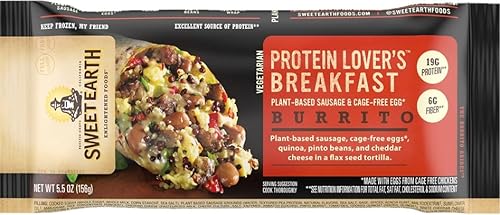 Sweet Earth Protein Lover's - Burrito vegetariano congelado para desayuno, 5.5 onzas, alimento de desayuno proteico a base de plantas