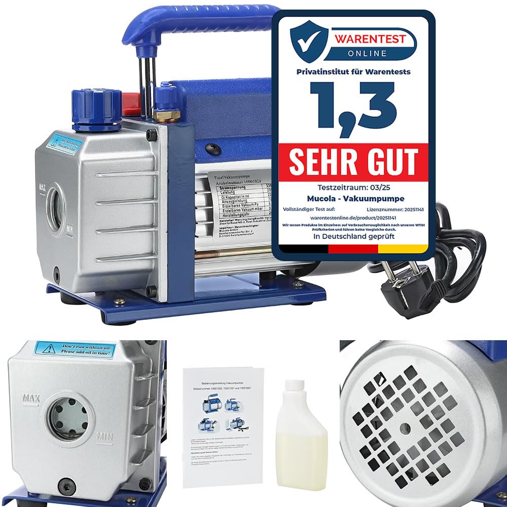 Mucola Vakuumpumpe für HVAC/Auto – Unterdruckpumpe, 70 L/min, inkl. Ölabsperrventil, einstufige Vacuumpumpe, Harz-Entgasung