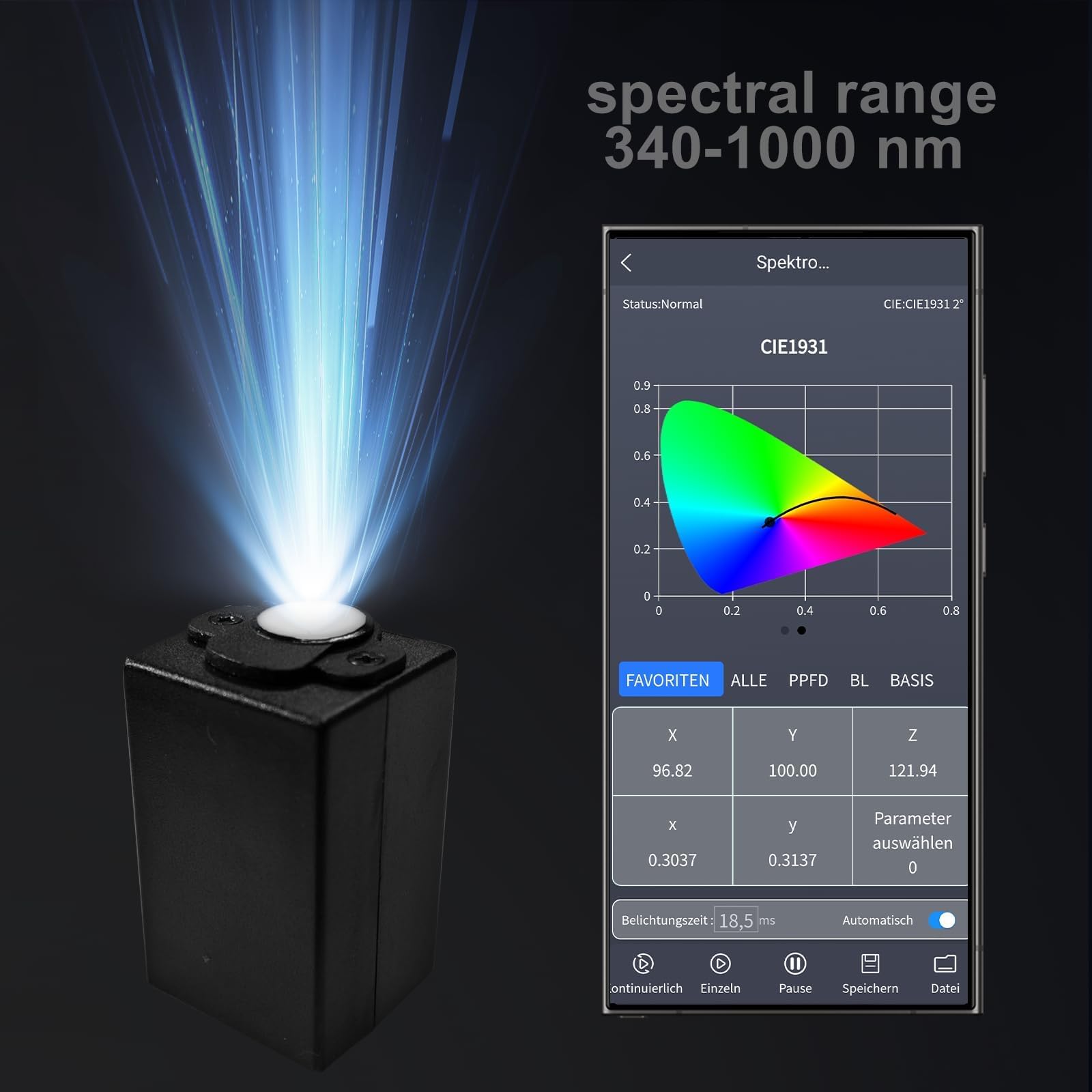 Handheld-Spektrometer für Lichtmessung 340-1000nm Tragbares Spektrum-Beleuchtungsmessgerät CCT-CRI-PAR-PPFD-Analyse LED-Pflanzenlicht-Tester mit APP & PC-Software USB-Typ-C