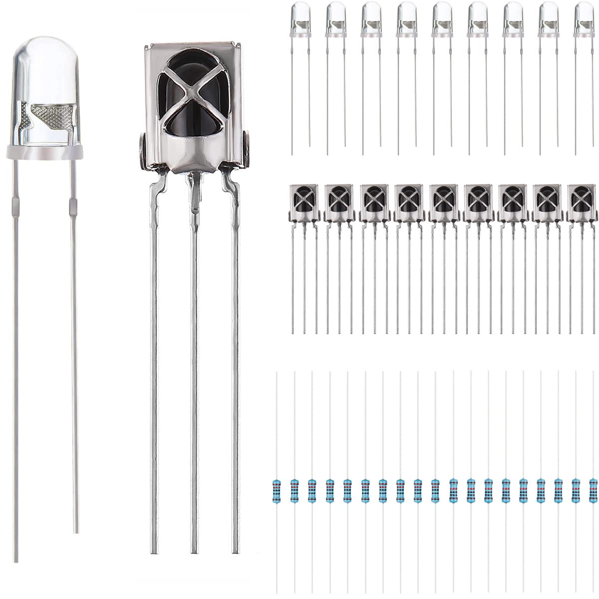 5mm Emettitore infrarosso + diodo ricevitore IR 18m per Arduino, 940nm Sensore LED ricevitore fotosensibile IC dedicato costruito/anti-interferenza forte, con resistore (20pairs)