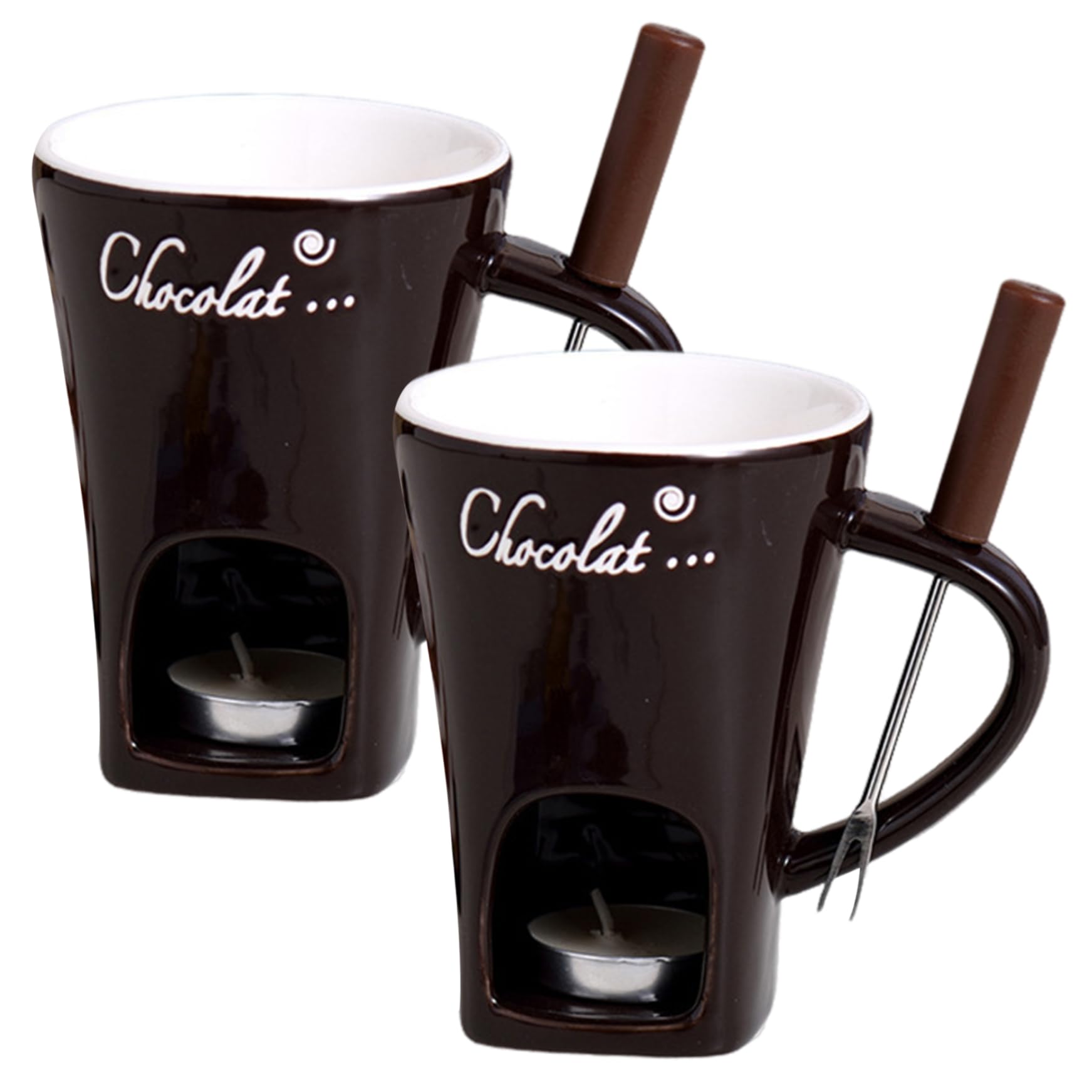 BEAHING Fondue Cup, 2Pcs Chocolate Fondue Cup with Fork, Ceramic Chocolate Mug with Handle, Tealight Not Included