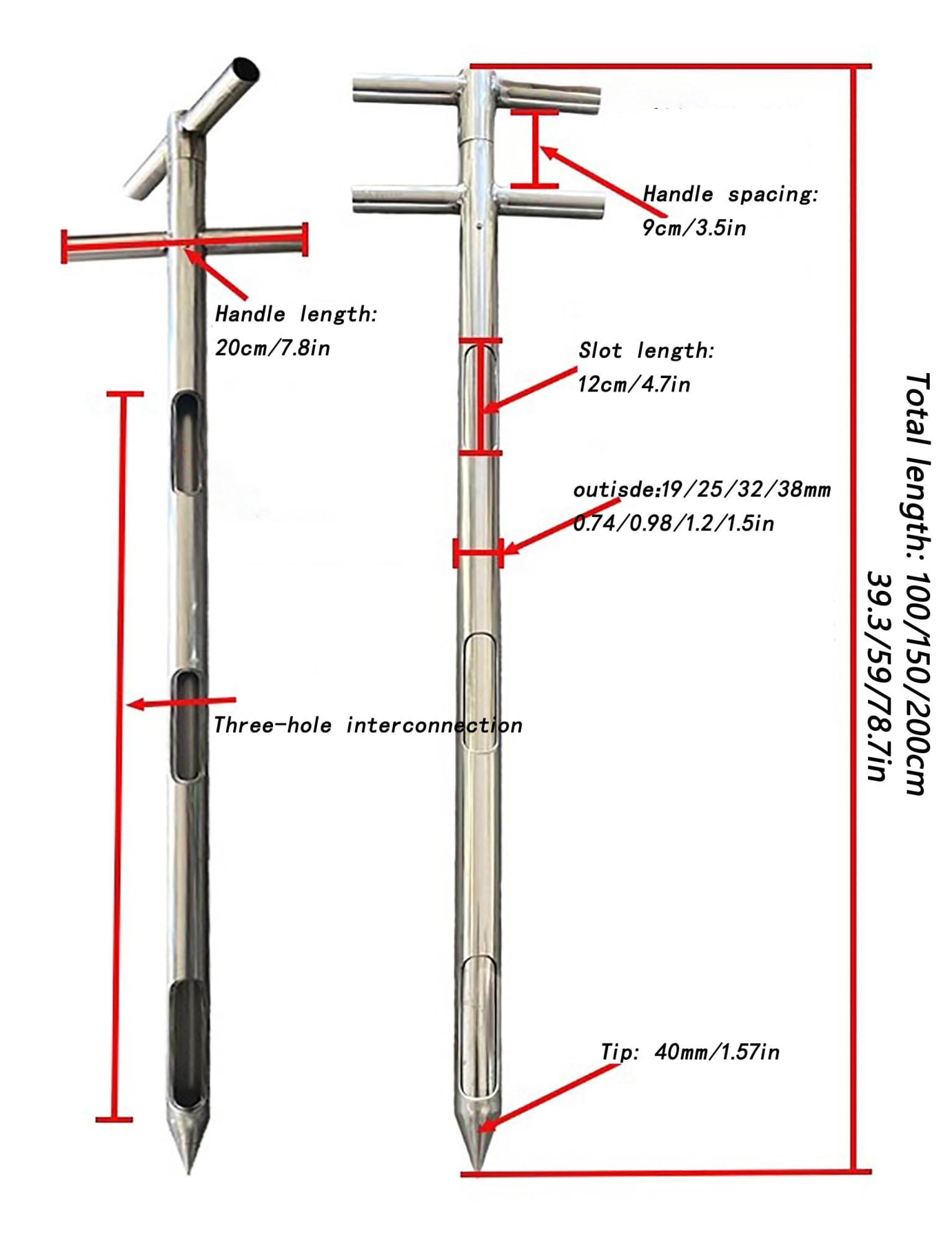Sonda do pobierania próbek gleby, Sonda do pobierania próbek stałych nawozów cementowych, 3-szczelinowa, ze stali nierdzewnej, różne rozmiary(0.98'',L59'')