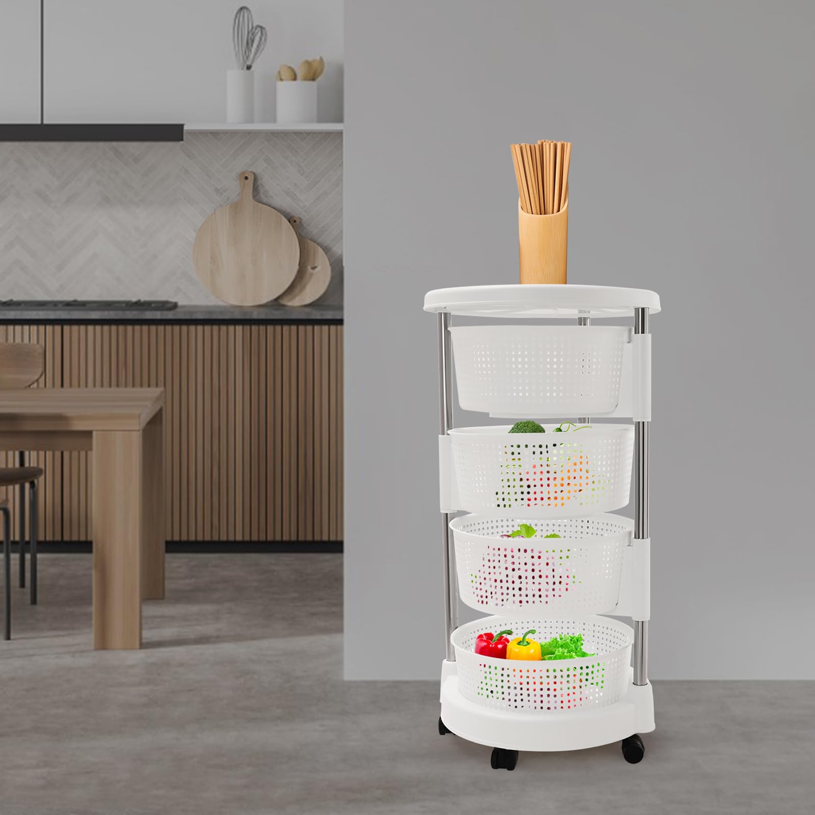 Carrello da cucina mobile a 4 livelli, cestino girevole a 360°, 5 ruote per mobilità, per cucina e campeggio, con cesti a rete incassati