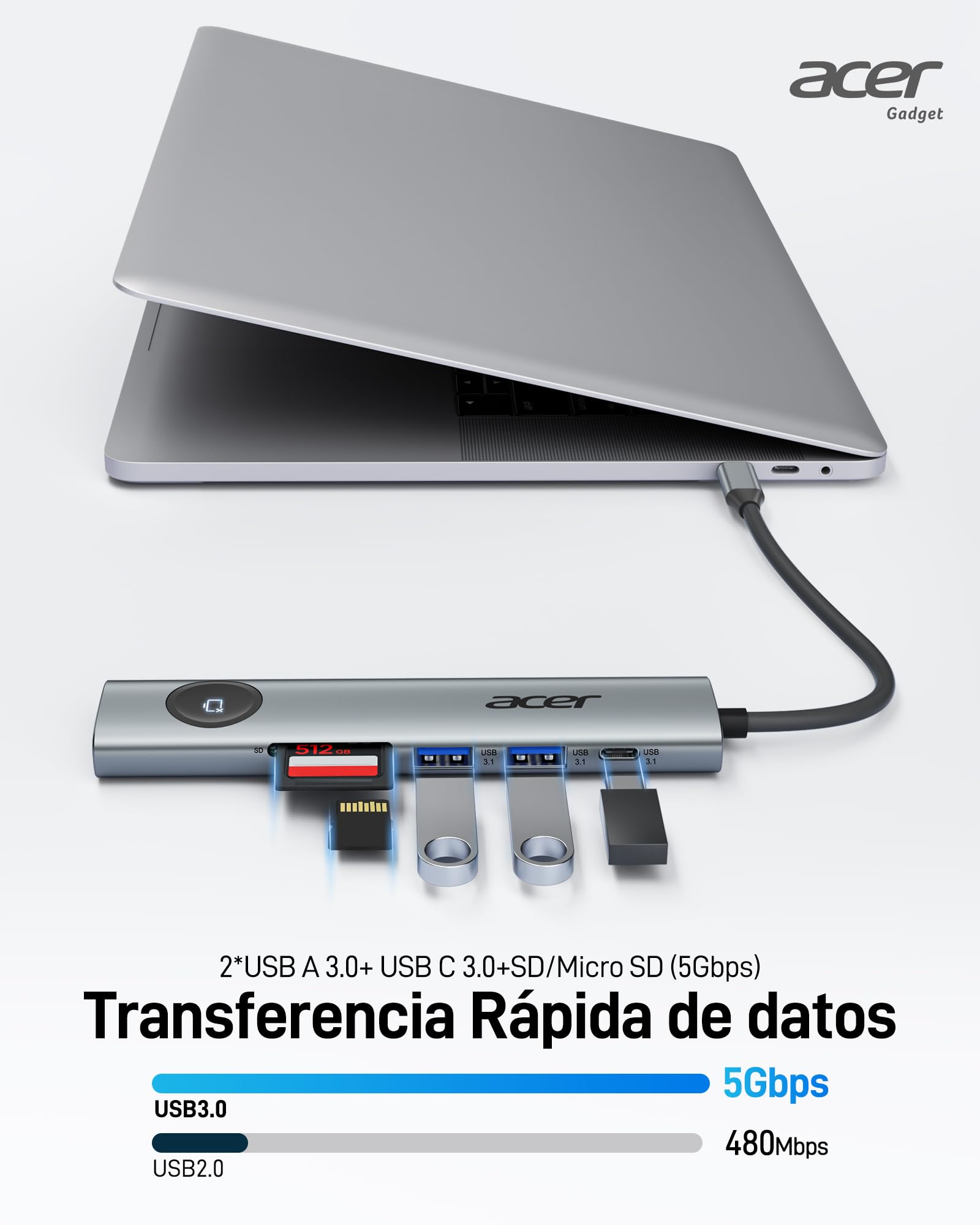 Acer Hub USB C 7 en 1, Docking Station 4K@60Hz Con 2 Puertos USB 3.0, PD 100W, Adaptador HDMI Con Botón de Encendido/Apagado Para Macbook, iPad Pro/Air, PC y Tabletas