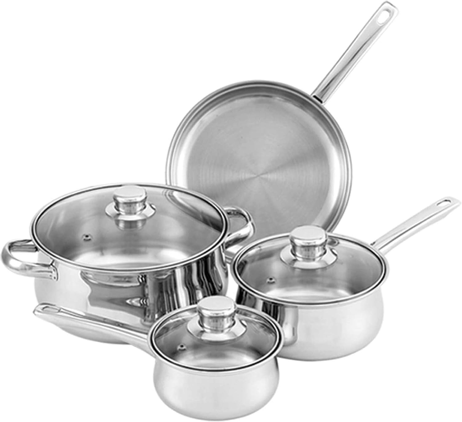 Tuxton Home Nevada 7 Piece Cookware set; Stainless Steel, PFTE & PFOA Free, Freezer to Oven Safe, Induction Compatible; 1QT & 2QT Saucepans, 5QT Dutch Oven, 10″ Open Frypan