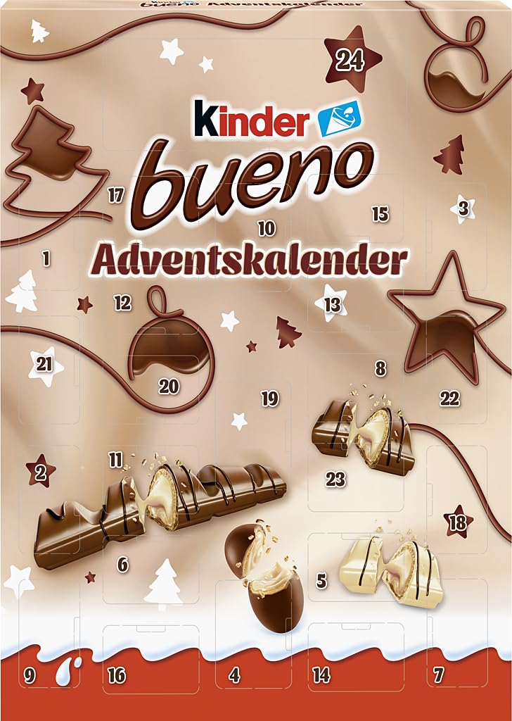 kinder bueno Adventskalender 2025 – Schokolade & Mini-Eier – Tag für Tag Süßigkeiten entdecken – Vollmilch-Schokolade mit feiner Haselnusscreme – Zu Weihnachten & Advent – Weihnachtskalender – 181g