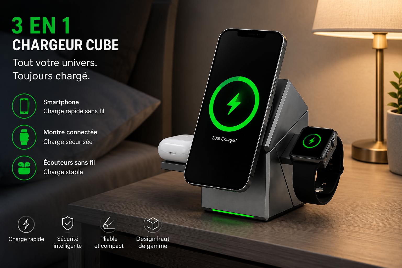 Chargeur sans Fil 3 en 1, 15W, Compatible Smartphones Android et Apple, Montres Connectées et Écouteurs sans Fil – Station de Charge Rapide Pliable et Compacte pour Bureau, Maison et Voyage