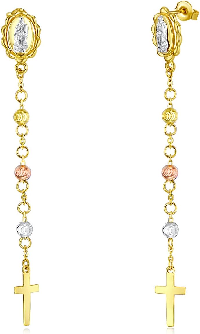 14k REAL Tri Color Gold Fancy Lour Lady of Guadalupe with Cross Dangle Earrings (5 x 60mm)