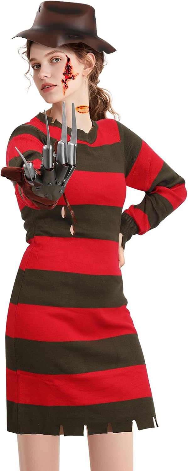 Womens Halloween Costume Knitted Dress with Hat Glove Tattoo stickers Sexy Horror Killer Sweater Costume Dress - Image 3