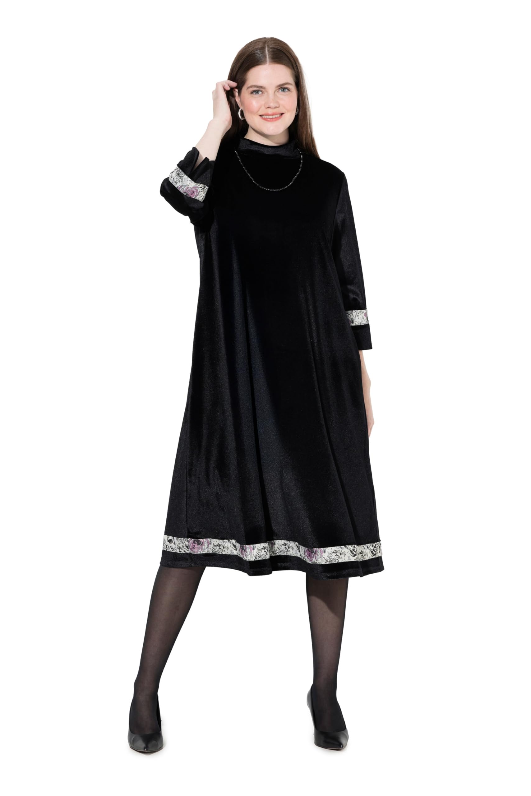 Ulla Popken Damen große Größen Übergrößen Plus Size Samtkleid, Schmuckkette, Stehkragen, 3/4-Arm 832969