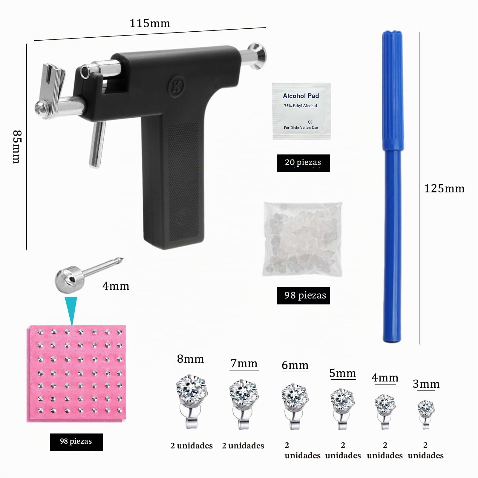 Pistola de Pendientes de Acero Inoxidable con 98 Perforadoras, 12 Pendientes, 20 Algodón Alcohol, Piercing para Labios Ombligo Nariz Cuerpo