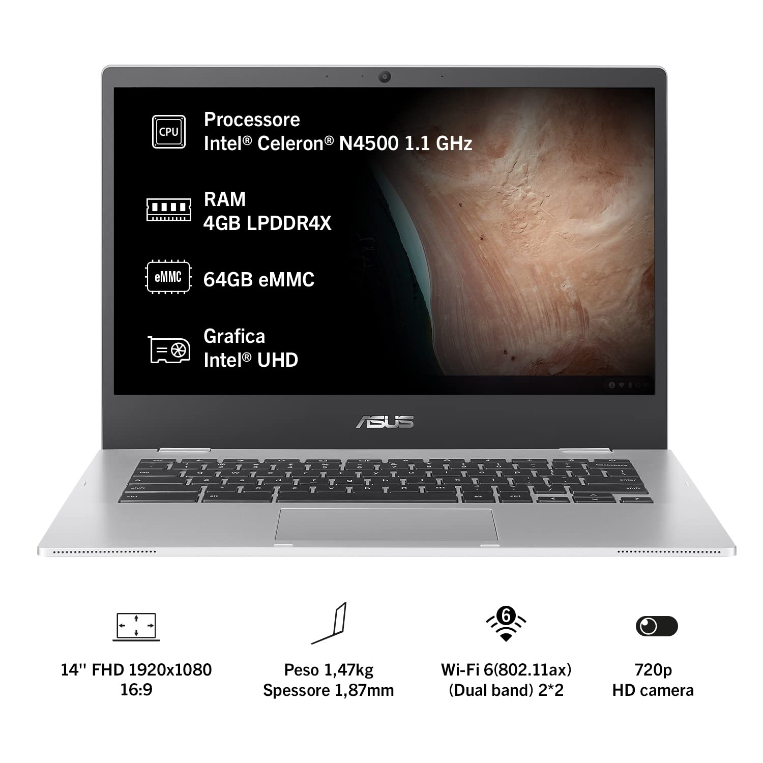 ASUS Chromebook CX1 CX1400CKA, Notebook 14" Anti-Glare, Intel Celeron N4500, RAM 4GB, 64GB eMMC, Intel UHD Graphics 600, ChromeOS, Argento