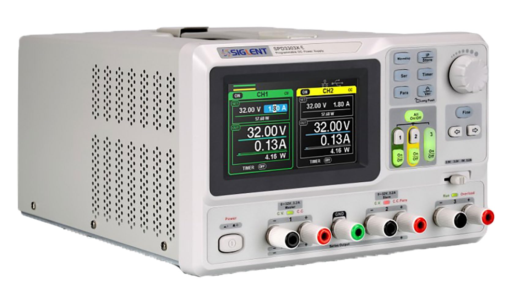 SiglentTechnologies Linear Programmable DC Power Supply 220W 3 Channel 32V 3.2A (x2) and Selectable Low Voltage