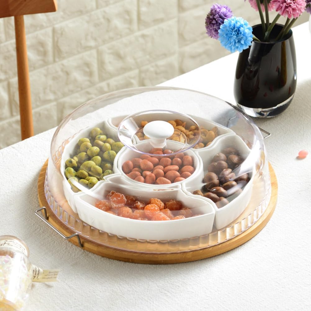 Plateau de Service Divisé en Céramique avec Couvercle Transparent, Plateau D'Apéritif en Bambou avec Poignées 5 à Collations Amovibles 28,5 X 5 cm