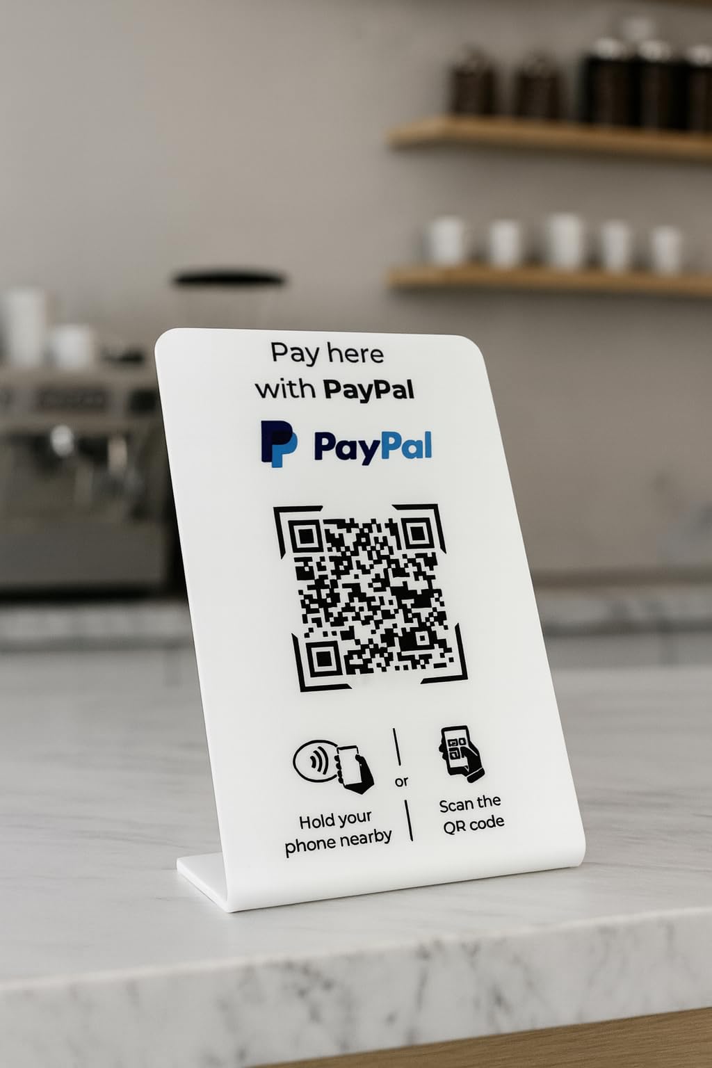 Aufsteller für PayPal-Zahlung mit QR-Code und NFC-Chip (Englisch) 16,5 x 10,5 cm - weiß