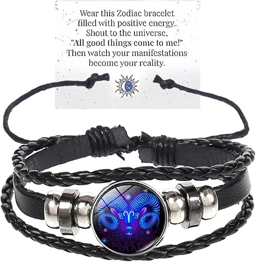 Zodiac Signs Spirit Bracelet Multilayer Adjustable 12 Constellation Black Leather Bracelet Handmade Woven Zodiac Sign Wrap Bracelet Birthday Jewelry Gifts for Women Men