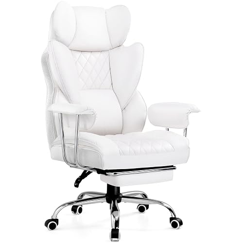 COMHOMA Big and Tall Office Chair, High Back Leather Gaming Chairs with Footrest, Executive Ergonomic Office Chair with Pocket Spring Lumbar Support and with Outward Fixed Soft Armrests
