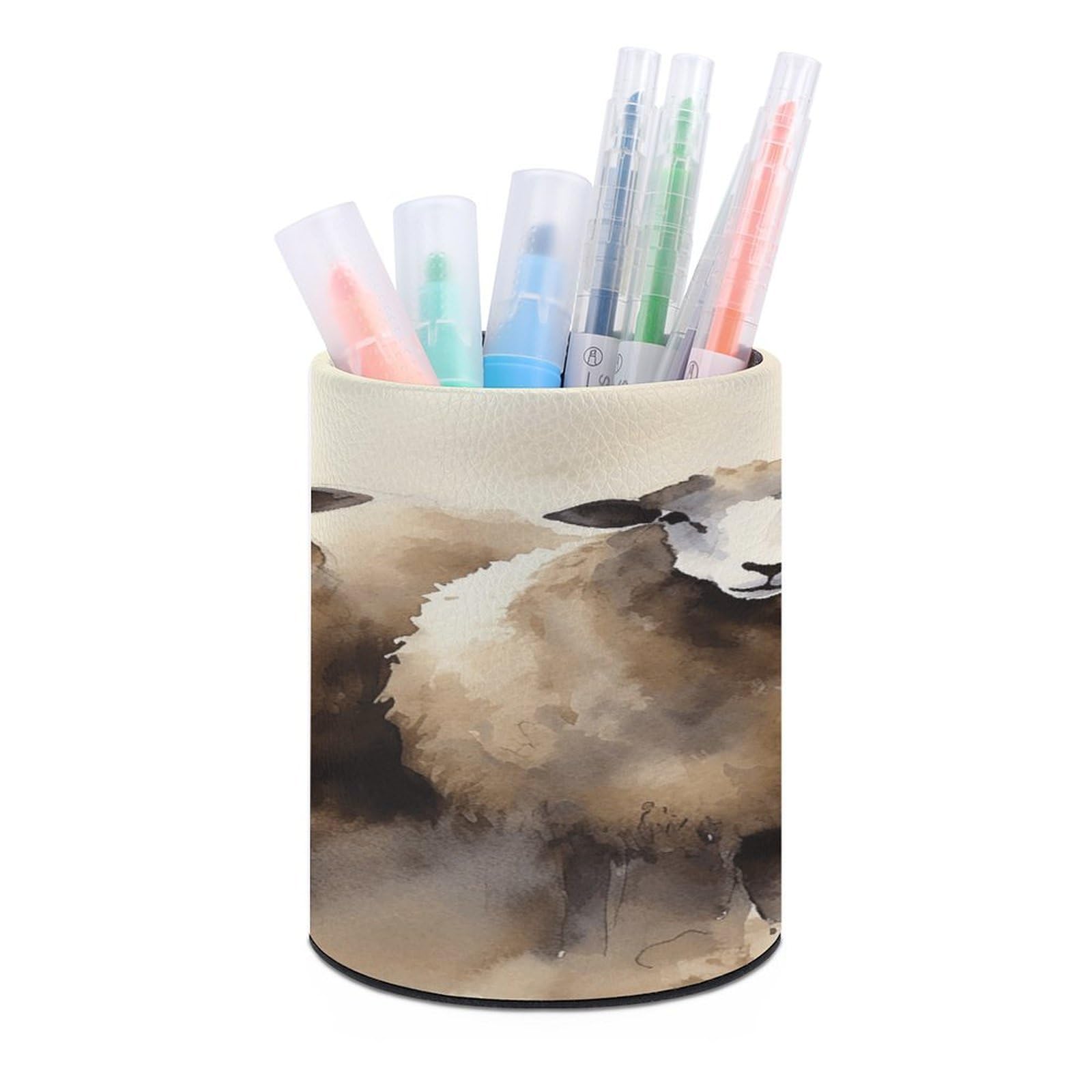 VstaDank Sheeps Watercolor Pen Holder PU Leather Pencil Cup Minimalist Desk Pencil Holder Round Make Up Brush Organizers For Office Dorm Room&Vanity Desk Accessories