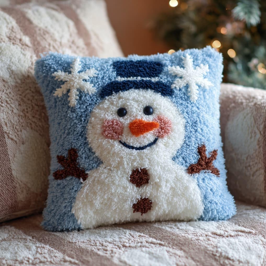 WallustrioaW Latch Hook Pillow Case Kits,Snowman 17X17 Inch Latch Hook Cushion Cover Kit,Knitting Kits Cushion for Adults Rug Making Kit for Starters